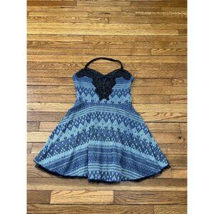 Free People Women's Blue Beaded Boho Mini Dress Size Medium Aztec